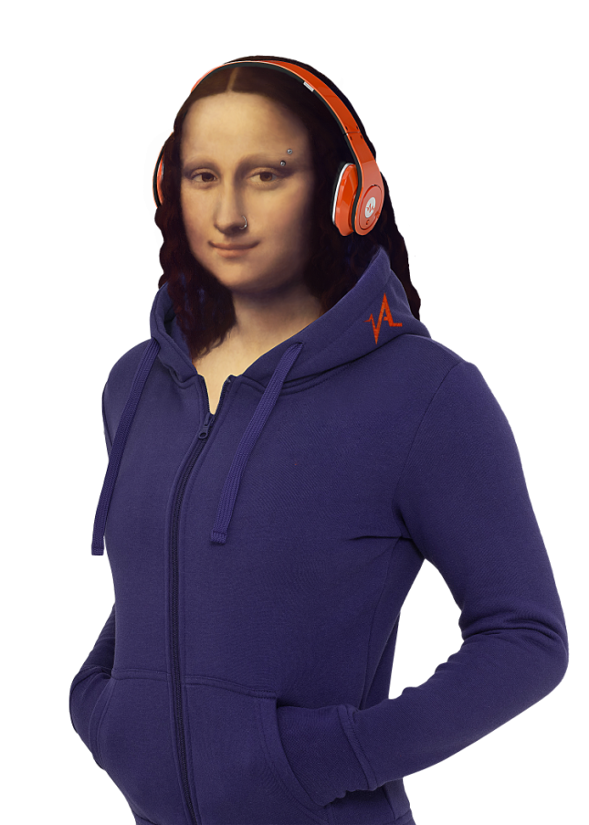 Mona Lisa in blue sweatsuit and orange headphones